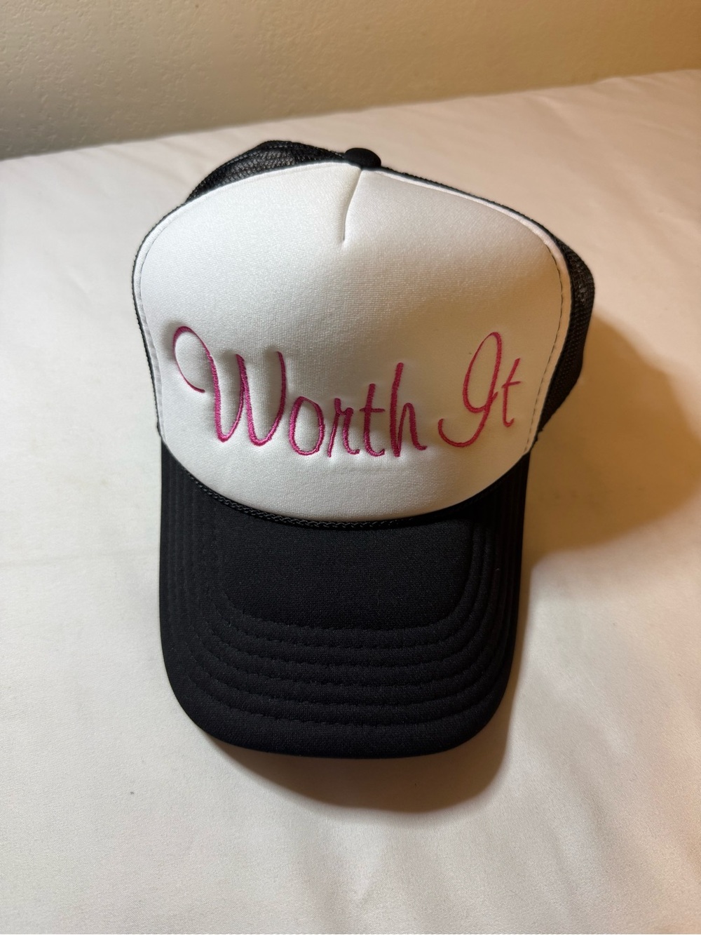 OTTO Black & White Trucker Hat with Pink "Worth It" Script